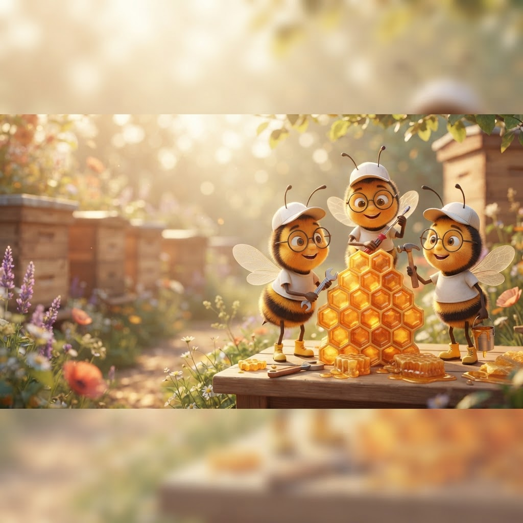 Abejas obreras de La Miel del Abuelo trabajando en equipo alrededor de un panal