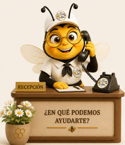 Abeja mascota de La Miel del Abuelo atendiendo en recepción